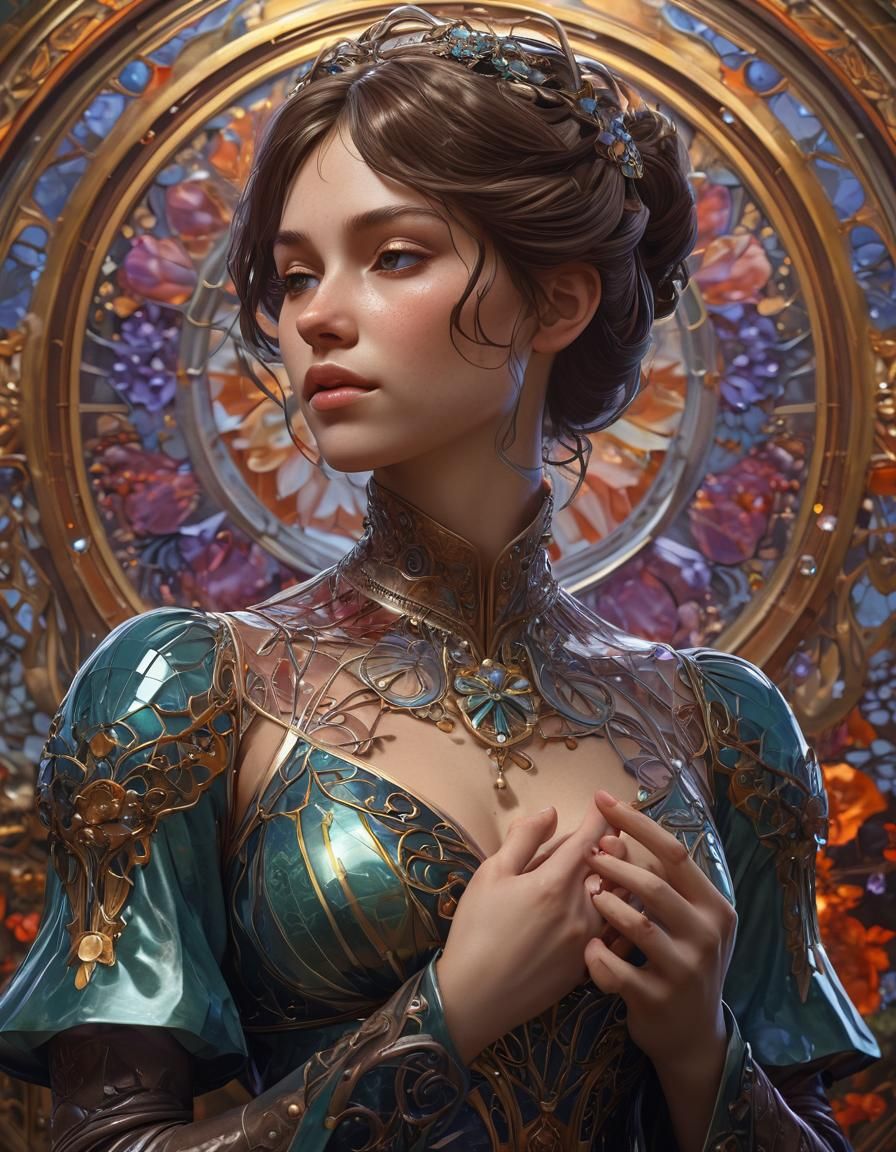 Enameled Glass Figure Portrait in Art Nouveau Style