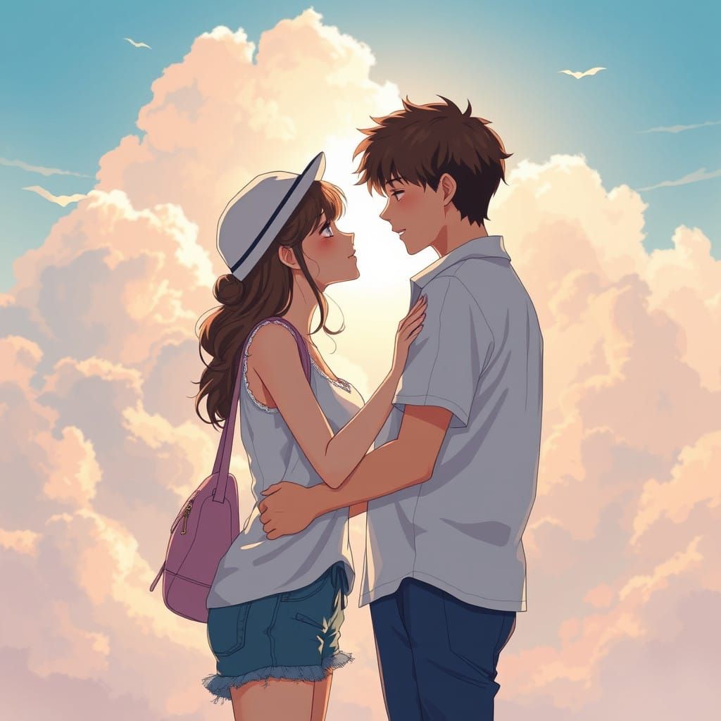 Romantic Young Couple in Pastel Summer Wonderland