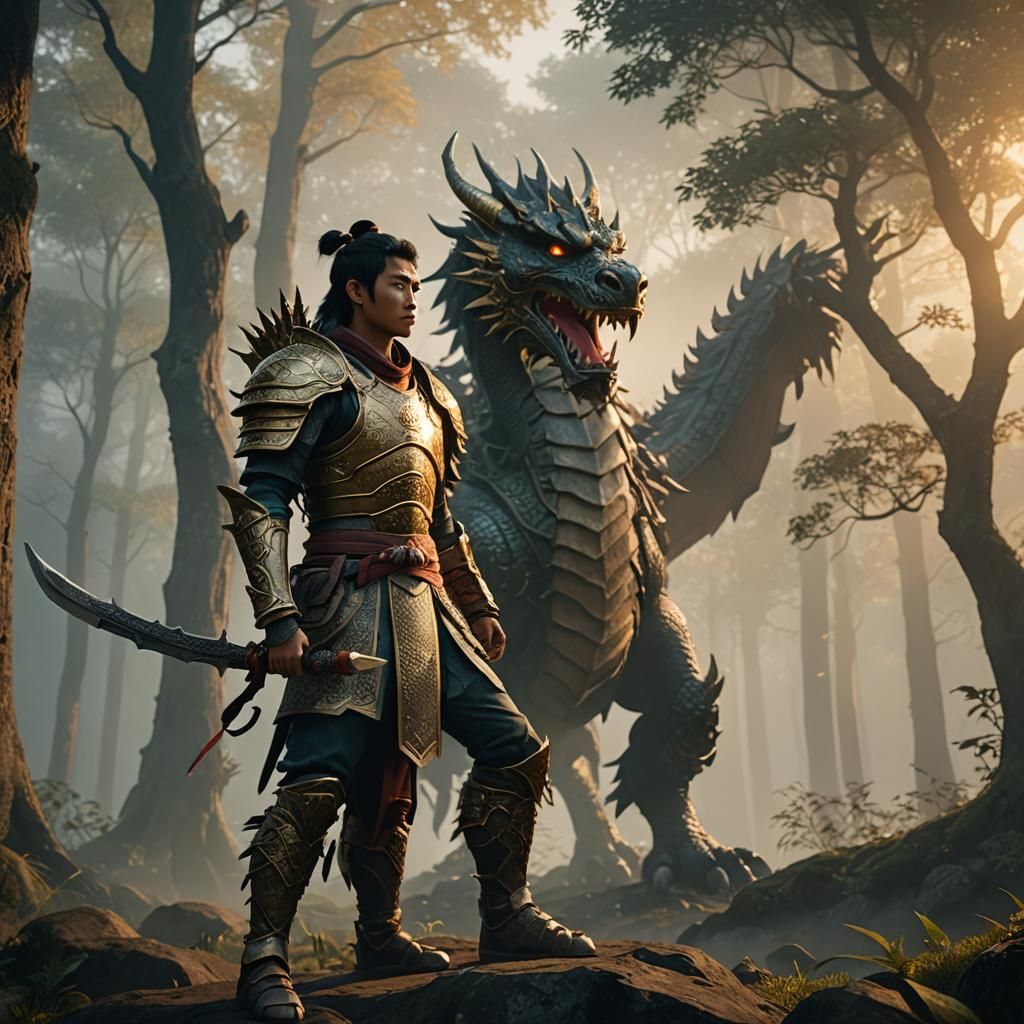 Asian Warrior in Misty Forest: 3D Game Cinematic