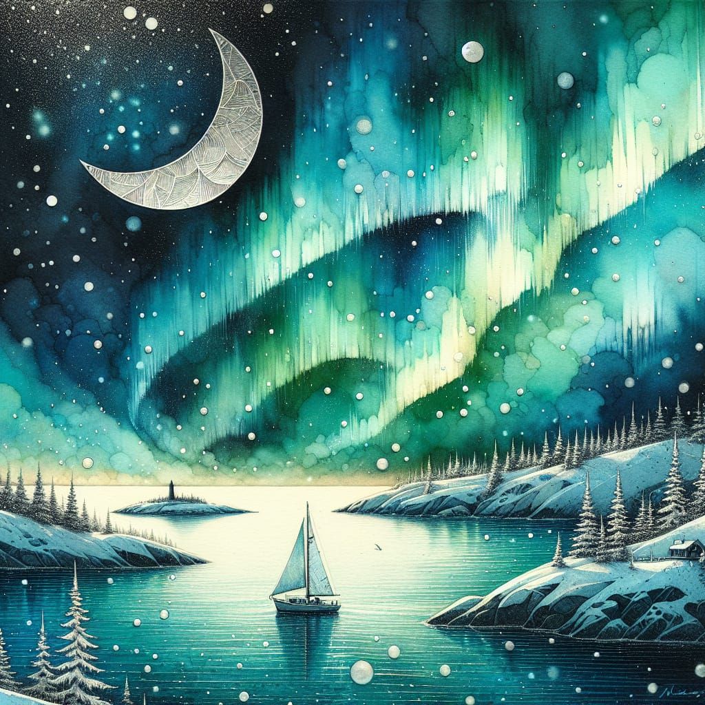 Silver Sailboat in Surreal Aurora Landscape