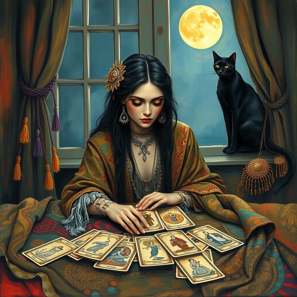 Mystical Gypsy Woman in Lunar Tarot Study