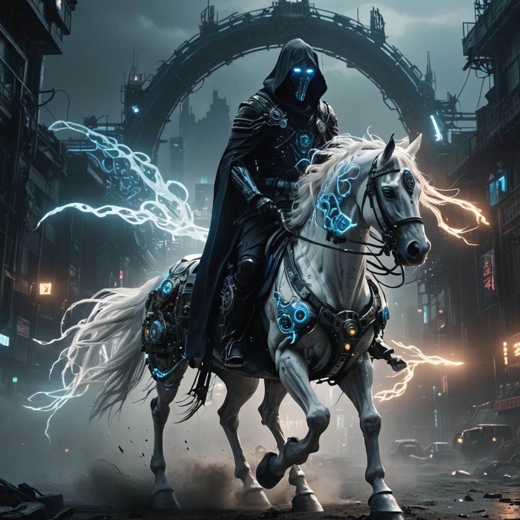 Cyberpunk Grim Reaper on Horse in Cityscape