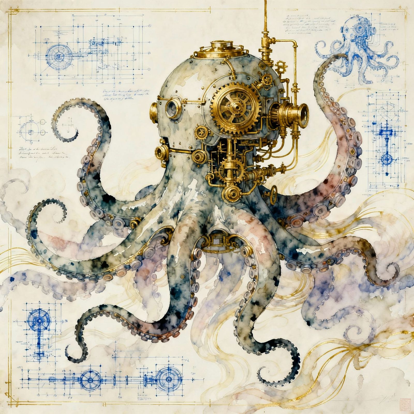Surreal Mechanical Octopus Robot in Steampunk Style