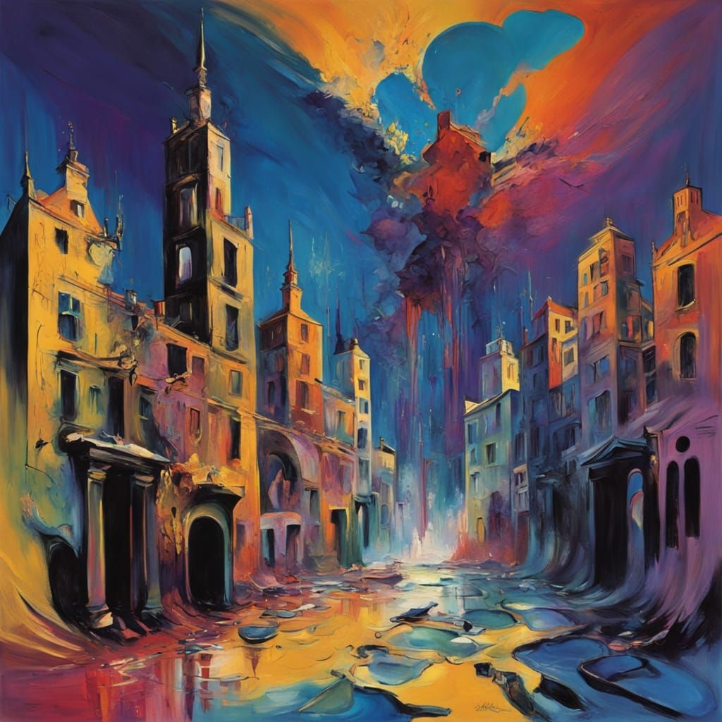 Vibrant Surrealist Cityscape in Abstract Expressionism