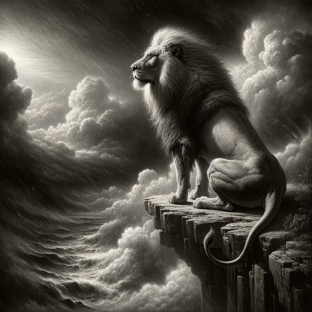 Epic Lion in Stormy Black and White Cinematic Art