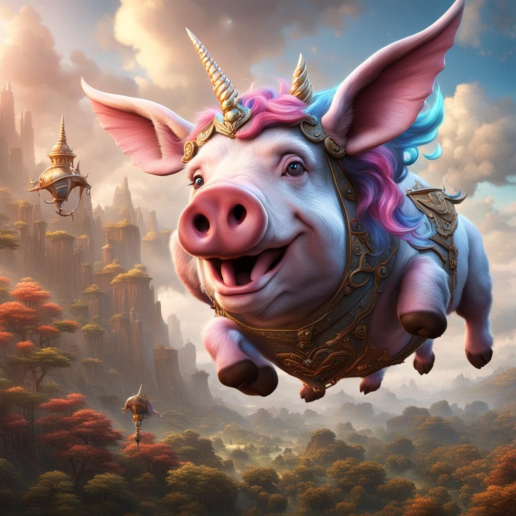 a flying pig with a unicorn horn