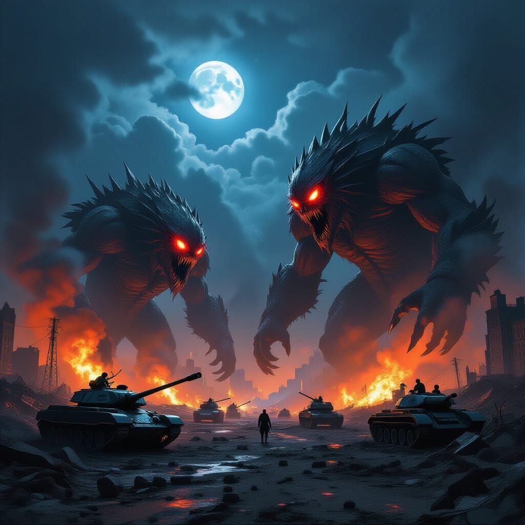 Monstrous Creatures Battle in Ruined City