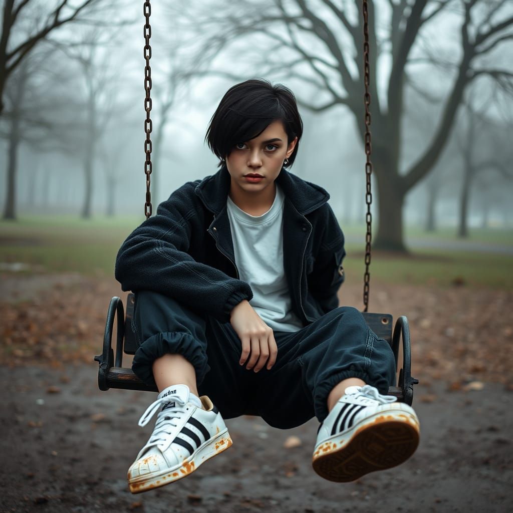 Contemplative Woman on a Swing in Misty Park