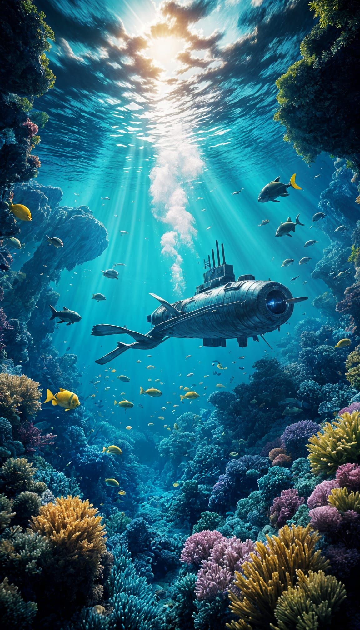 Underwater Submarine Scene with Coral Reefs in 3D