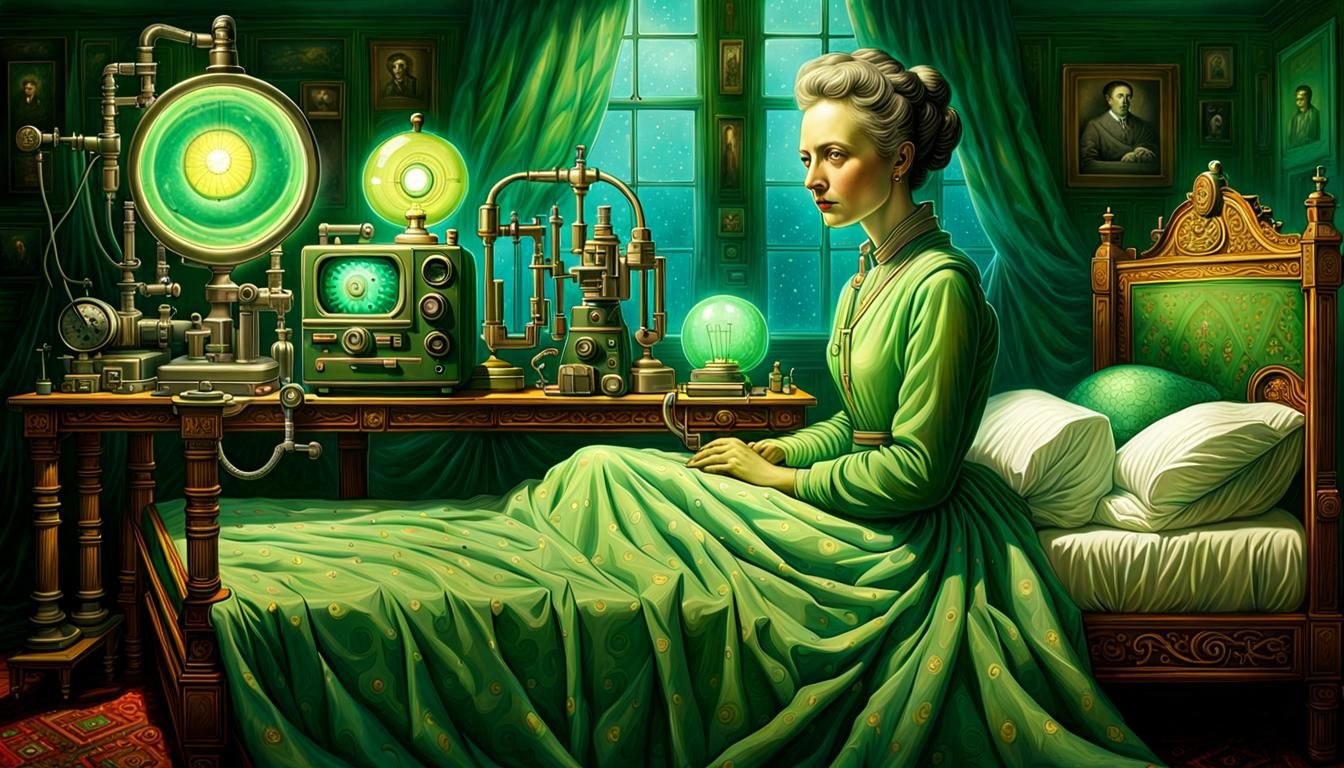 Vibrant Madam Curie Portrait with Scientific Equipment