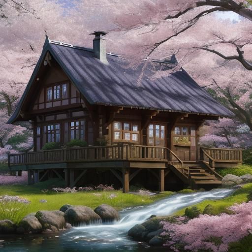 Cottage in Forest with Cherry Blossoms: Matte Painting