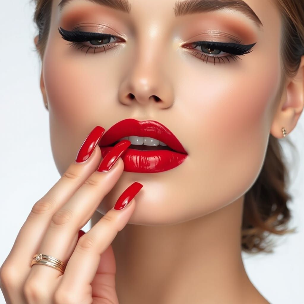 Hyperrealistic Woman Portrait with Red Lips and Nails