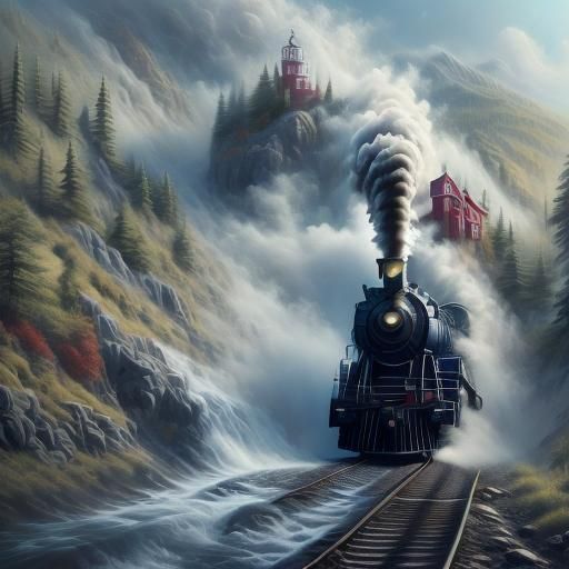 Steam Train at Midnight on Foggy Night