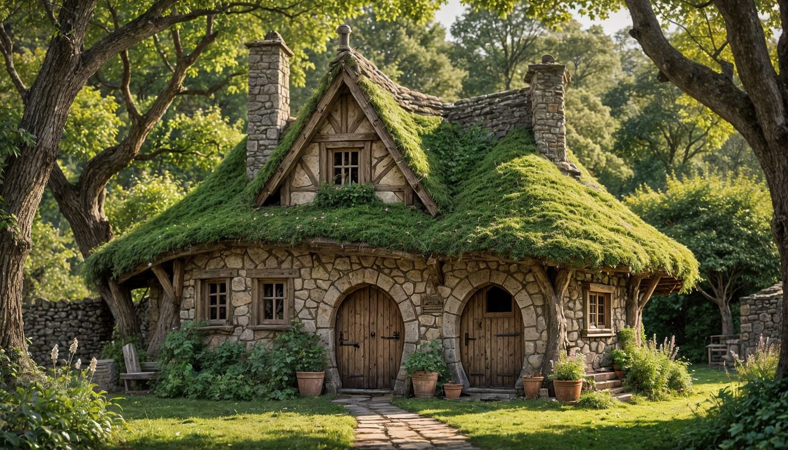 Rustic Stone Hut in Forest with Tower