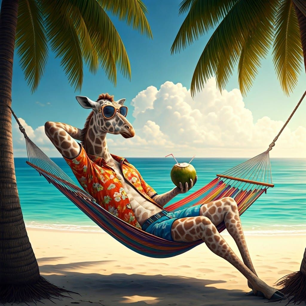 Giraffe in Hammock: Hyperrealistic Beach Relaxation