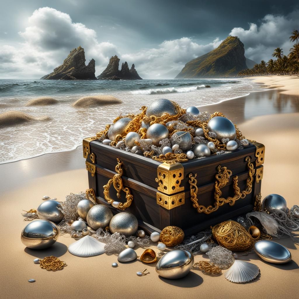Beach Scene of Gold and Silver Treasure