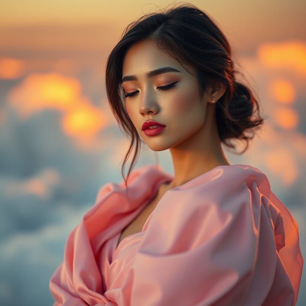 Ethereal Woman in Silky Cloud Dress at Golden Hour