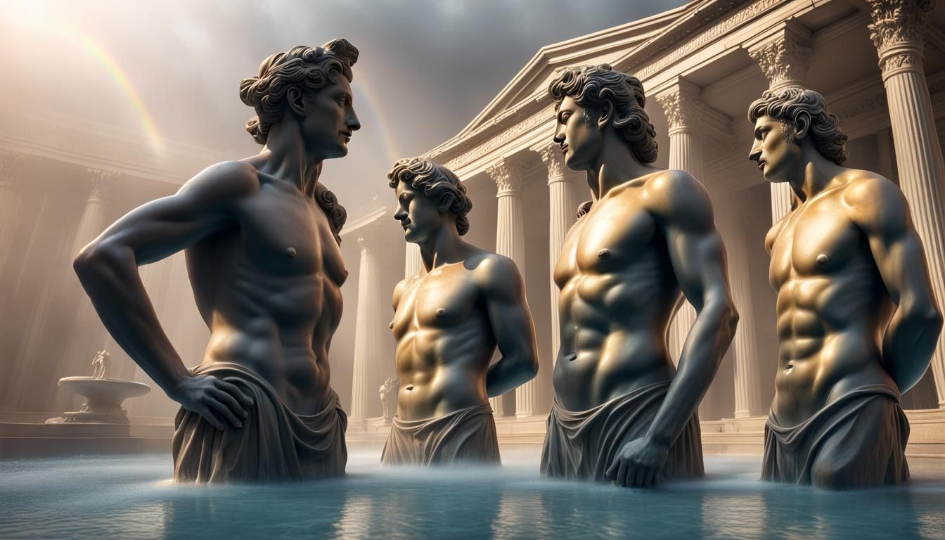 Greek Gods Bathing: Hyperrealistic Statues