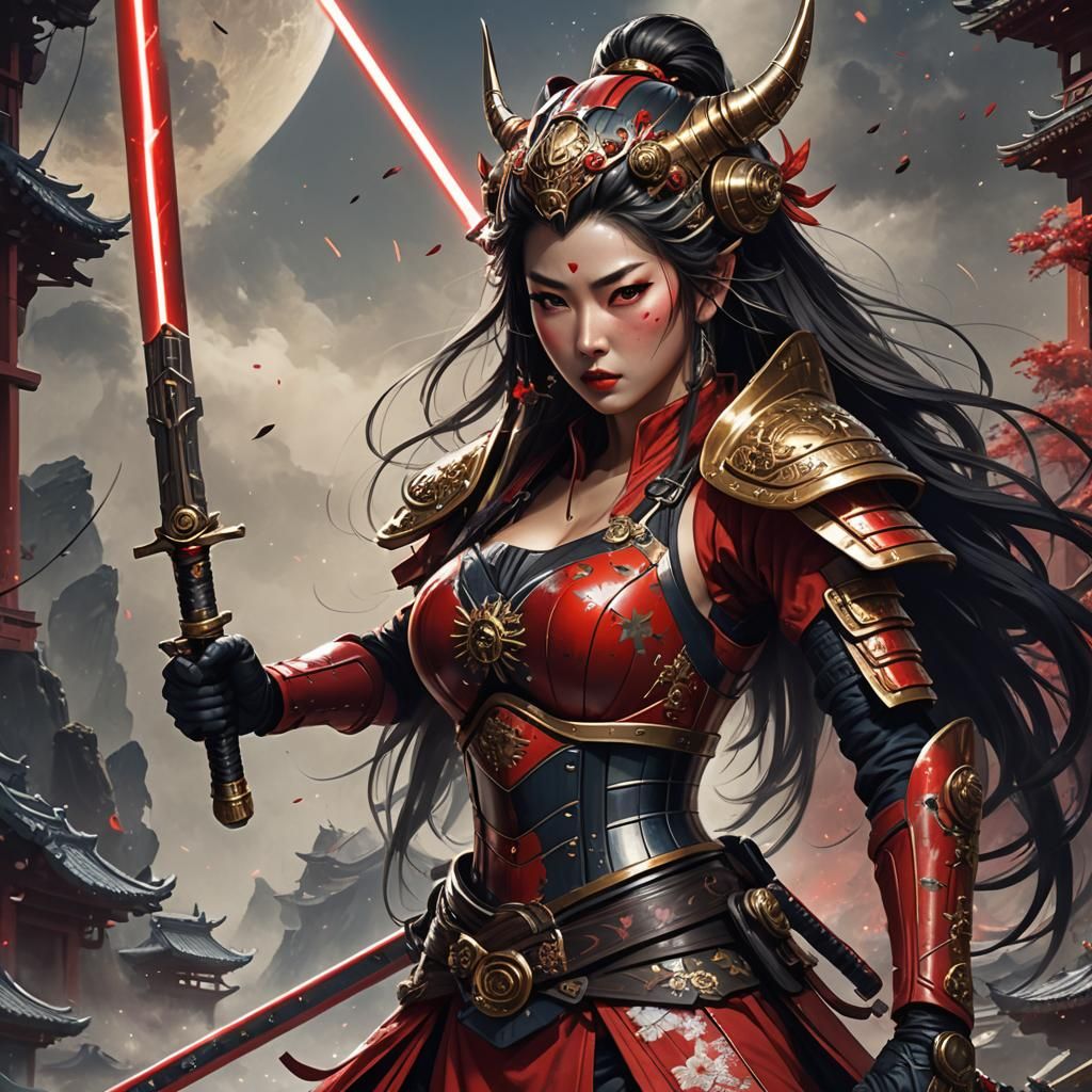 Female Samurai with Lightsaber in Space