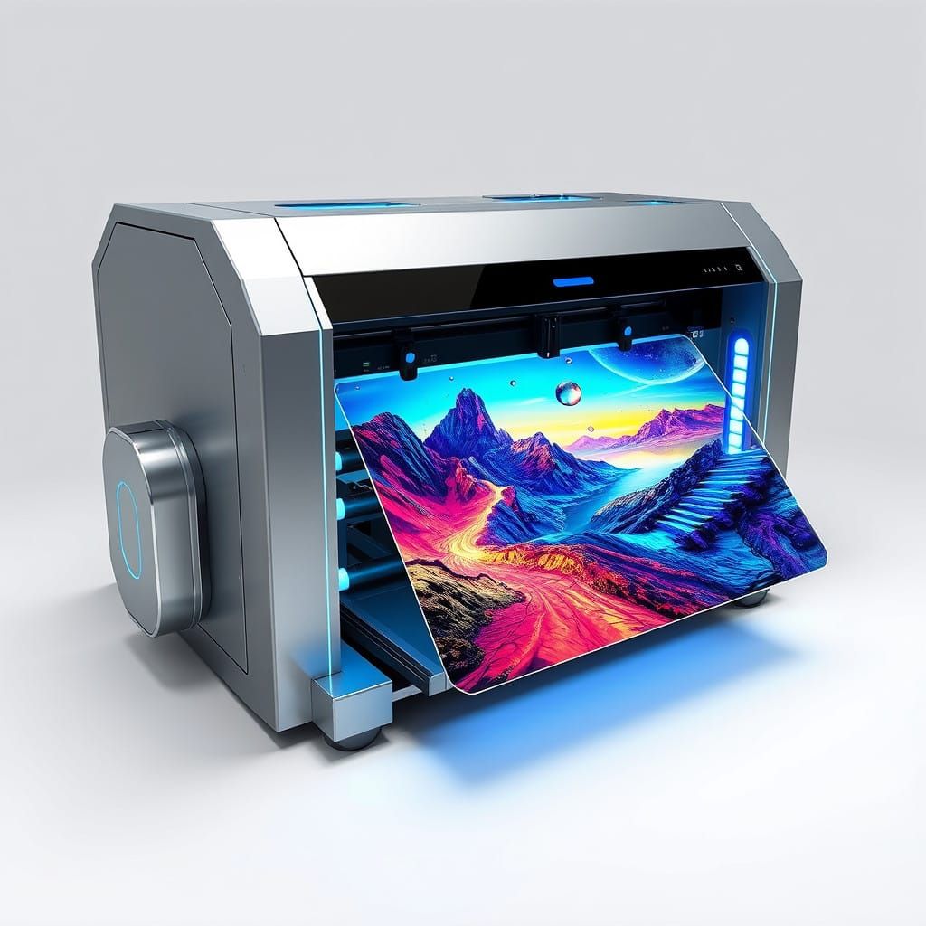 Sleek Industrial Printer Prints Vibrant Image on Shimmering...