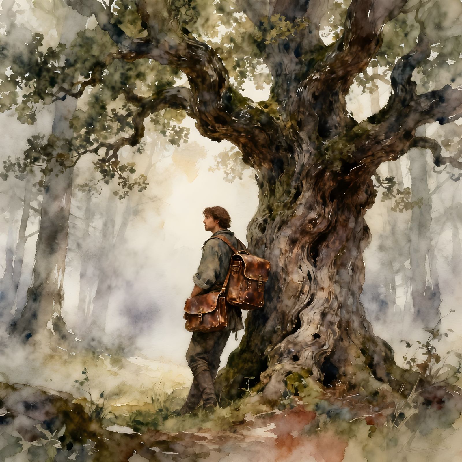 Contemplative Traveler in Misty Forest Watercolor