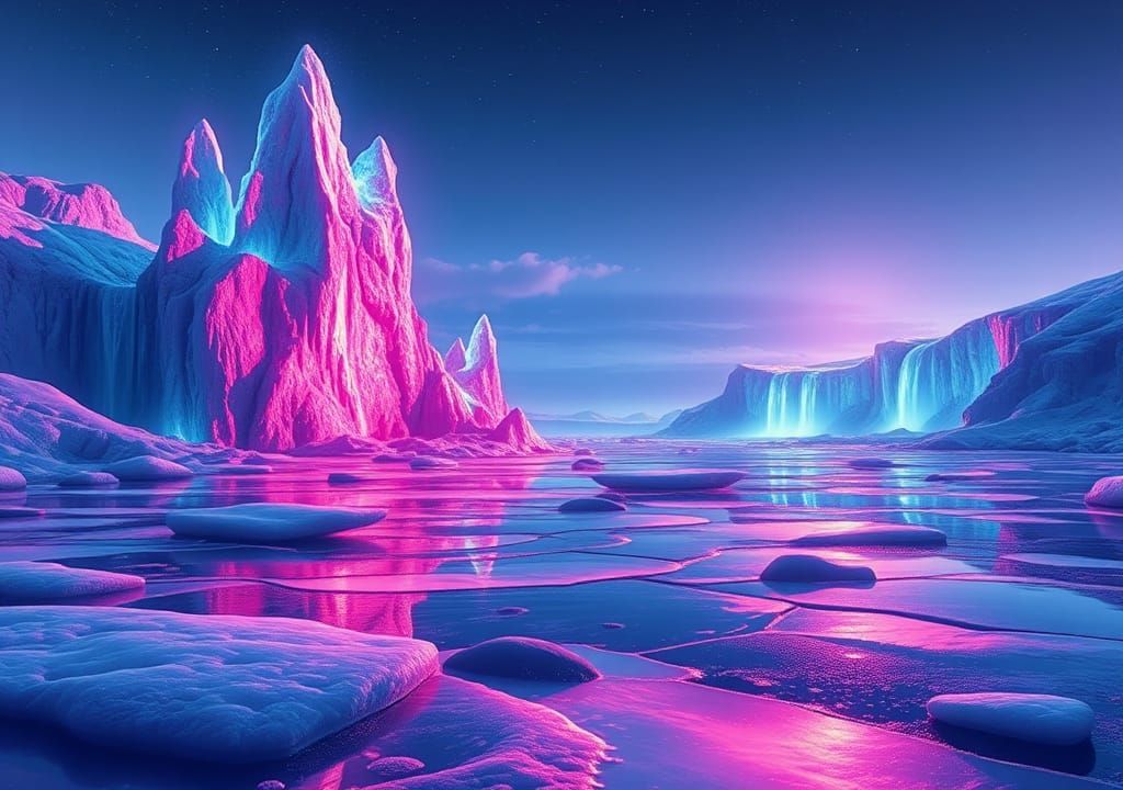 Eine Eislandschaft, in der das Eis in Neonfarben leuchtet und die Umgebung erhellt. Die schimmernden Eisflächen reflekti...