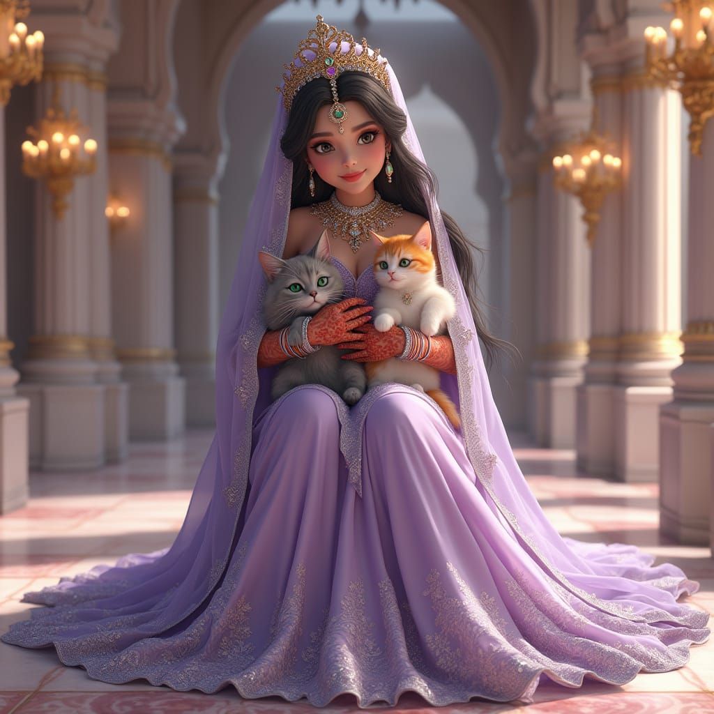 Indian Princess in Lavender Lehenga and Crown with Cats in P...