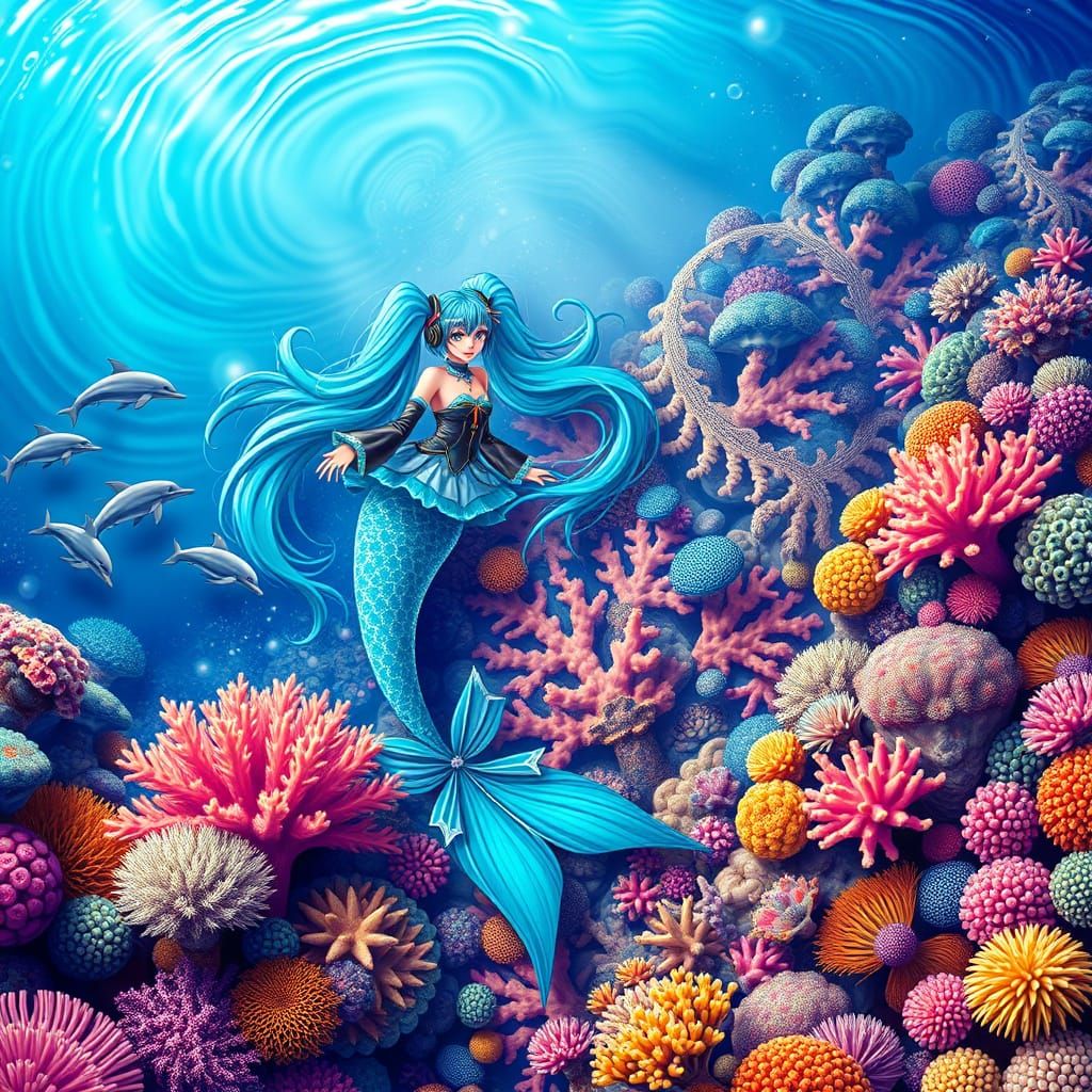 Mermaid Hatsune Miku with Dolphins in Vibrant Coral Reef