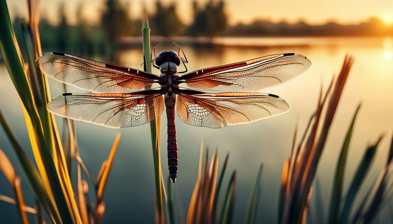 Dragonfly Over Lake at Dawn, Hyperrealistic Close-Up