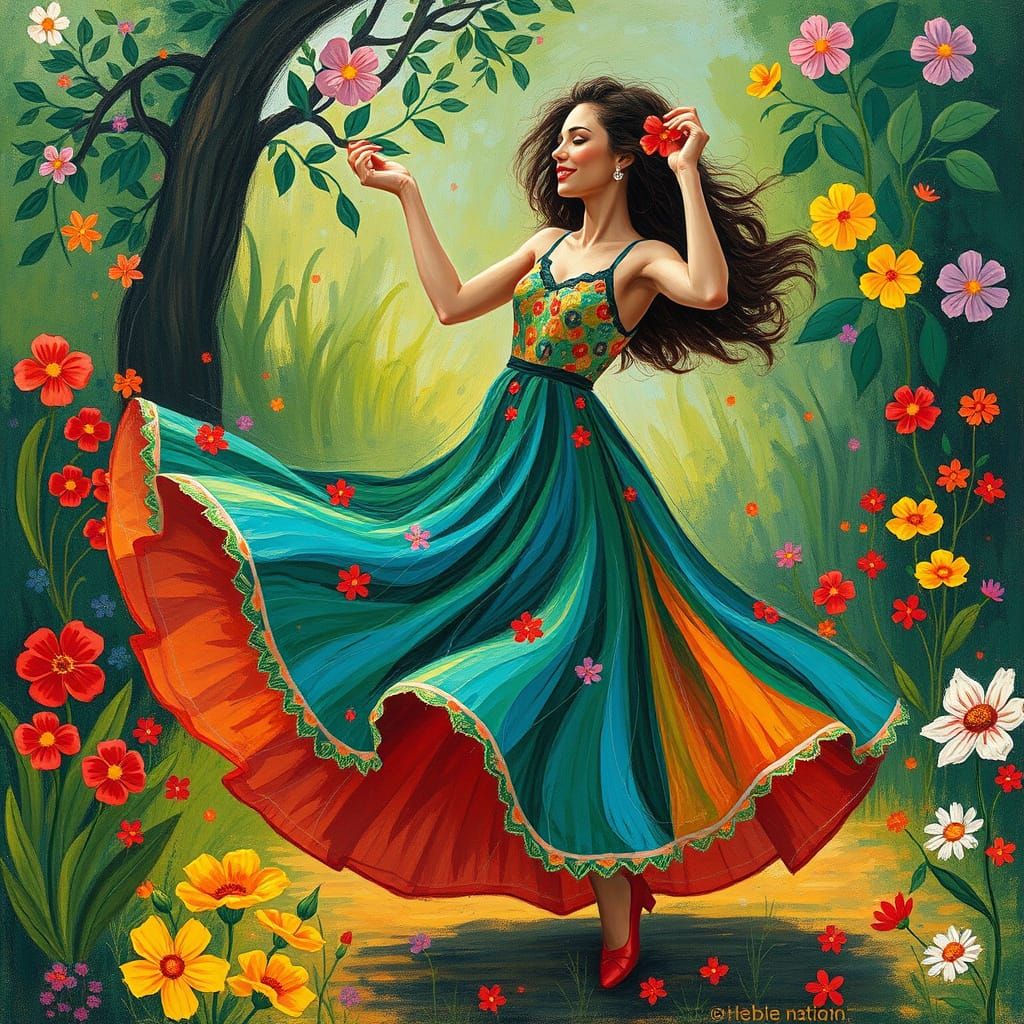Whimsical Dance in a Vibrant, Floral Paradise
