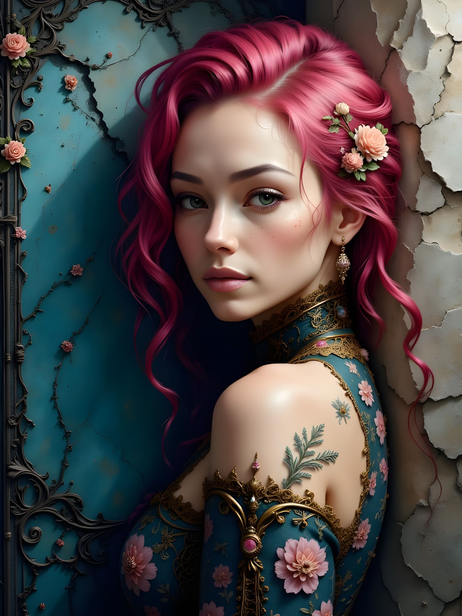 Alessia in Circuit Stitches: Grungy Digital Portrait