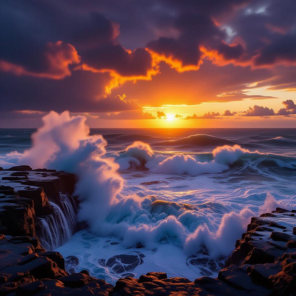 Stormy Ocean Sunset: Crimson Waves Crash Against Cliffs