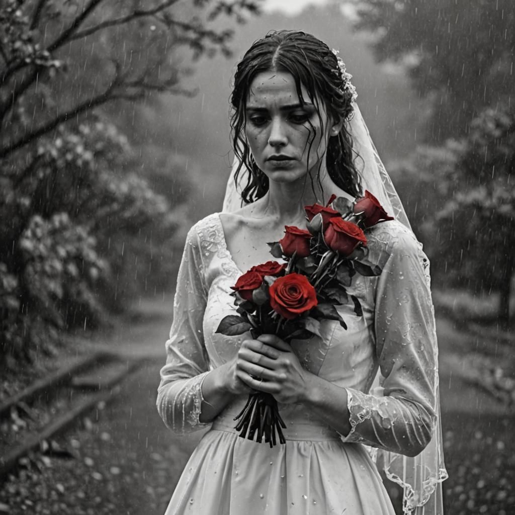 Sad Bride in the Rain: Black and White Portrait