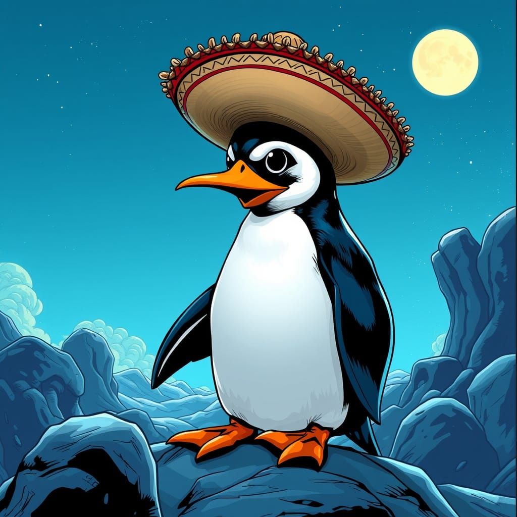Penguin in Sombrero: Comic Book Art Style