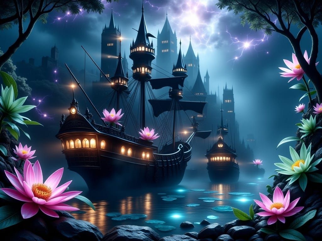 Mystical Sea Voyage of Fairies in Gothic Pirate Ship