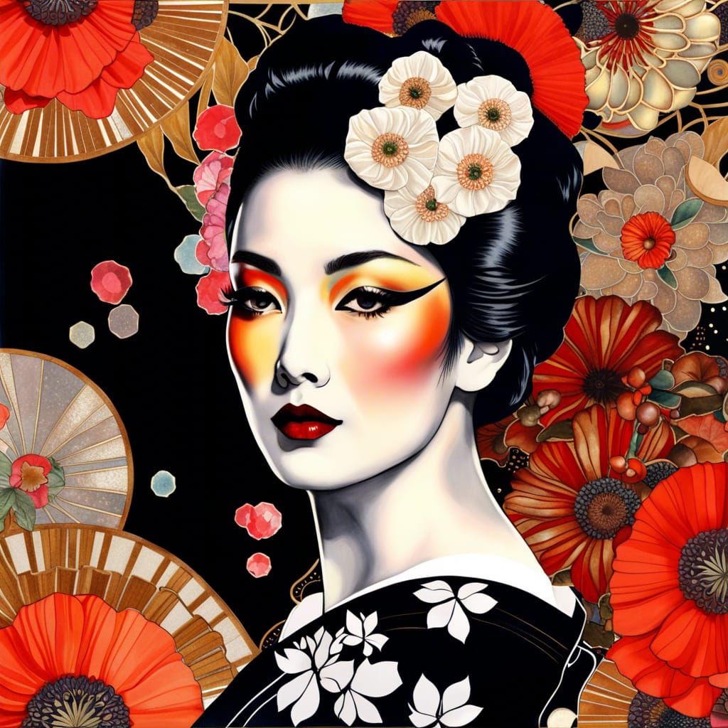 Geisha Portrait with Flowers in Collage Style