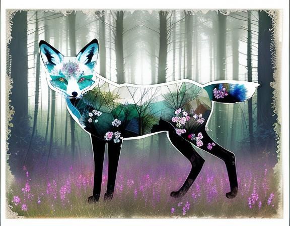 Transparent Fox Double Exposure in Floral Forest