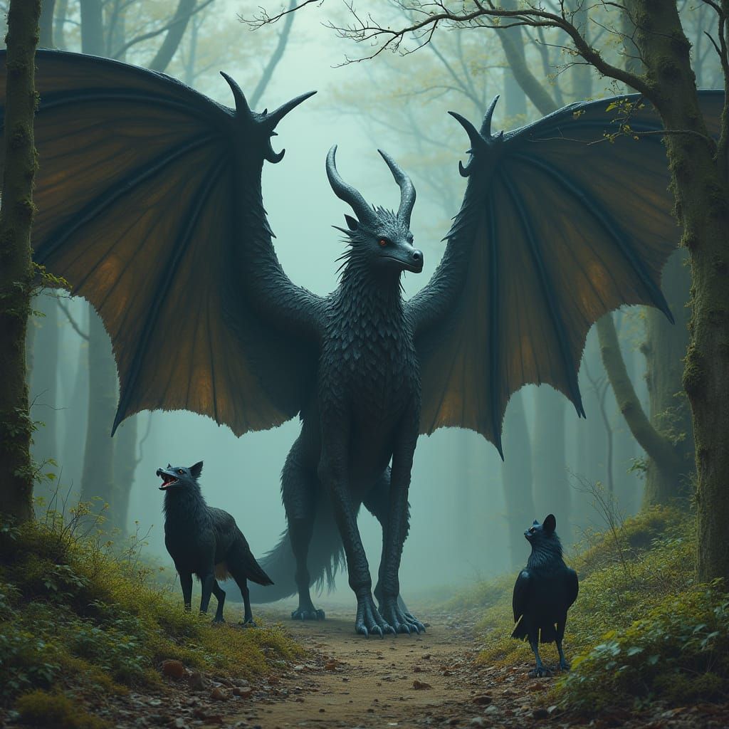 Majestic Dragon-Wolf Hybrid in Mystical Forest