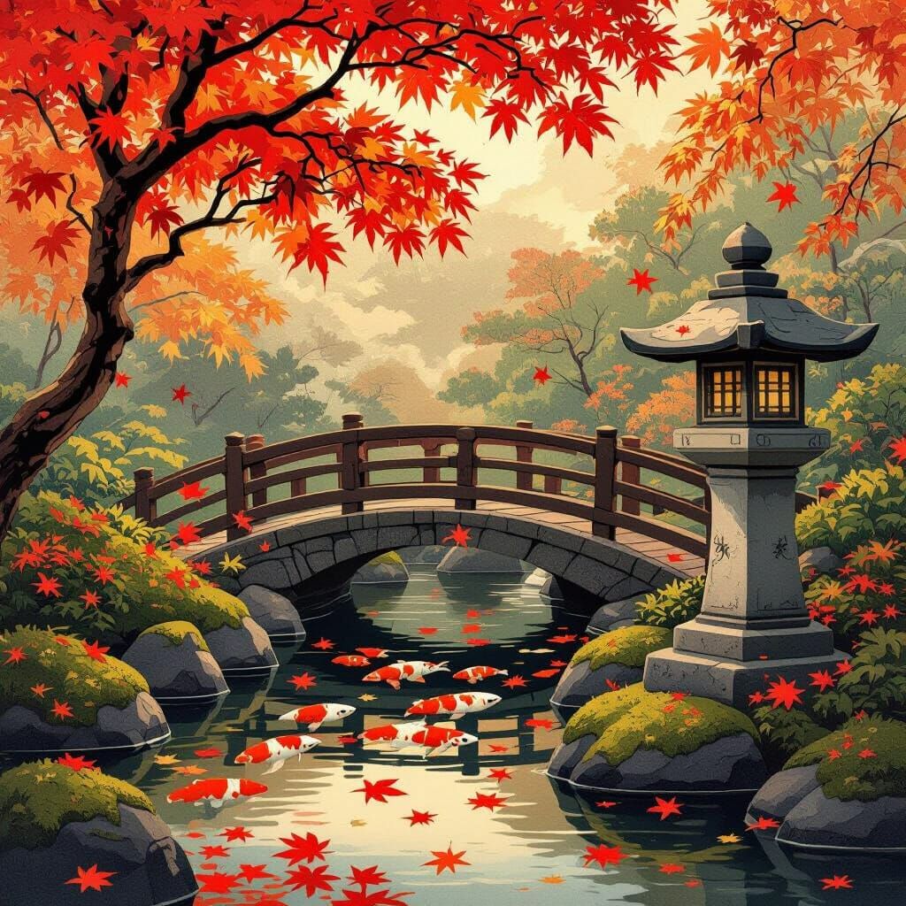 Autumn Serenity: Japanese Garden in Ukiyo-e Style
