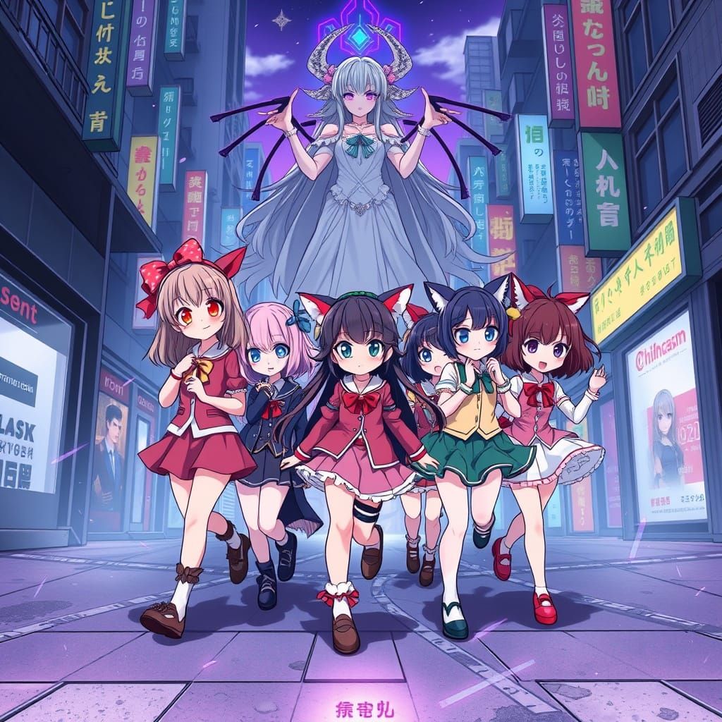 Anime Goddess Leading Girls Through City Streets