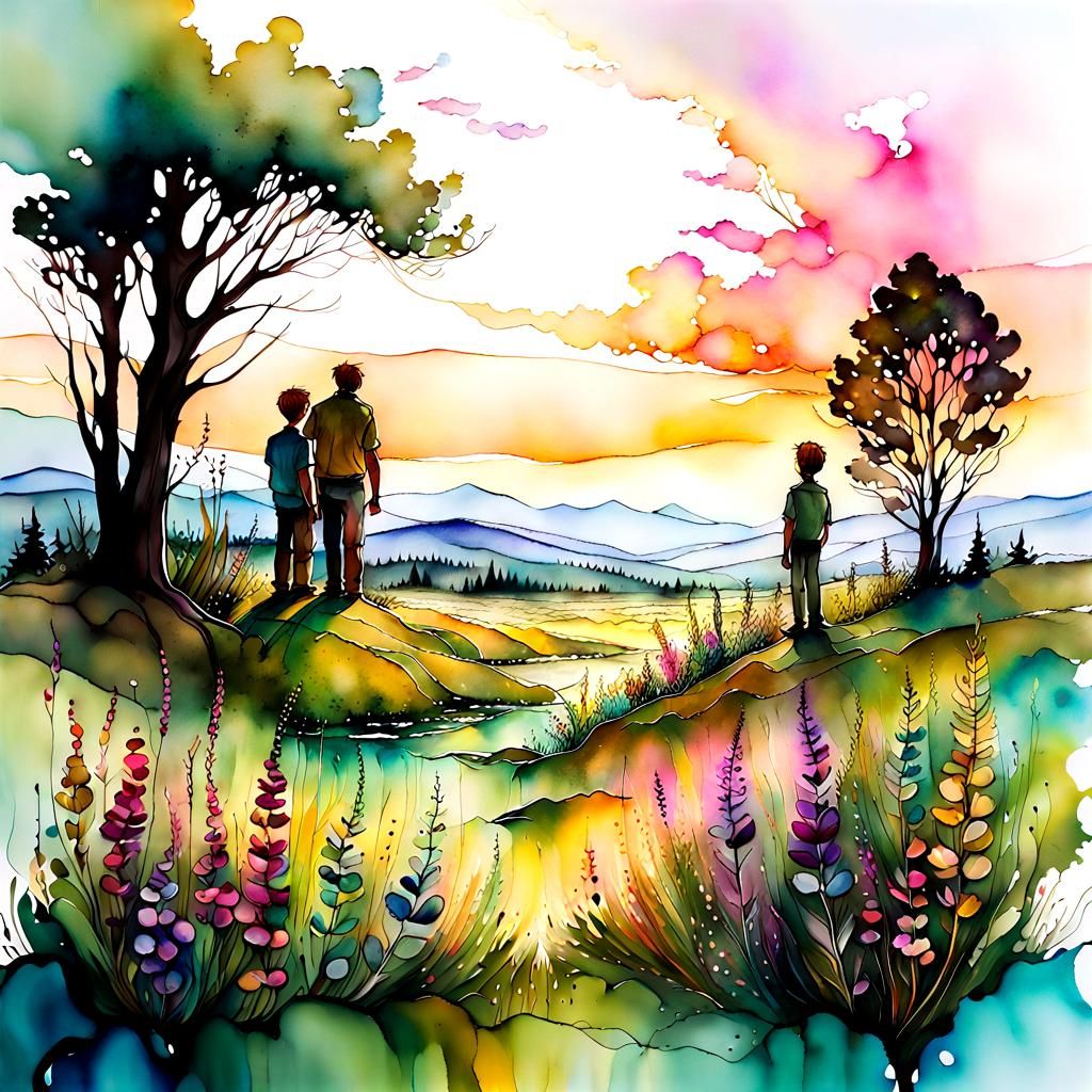 Father and Son Sunrise: Whimsical Alcohol Ink Painting