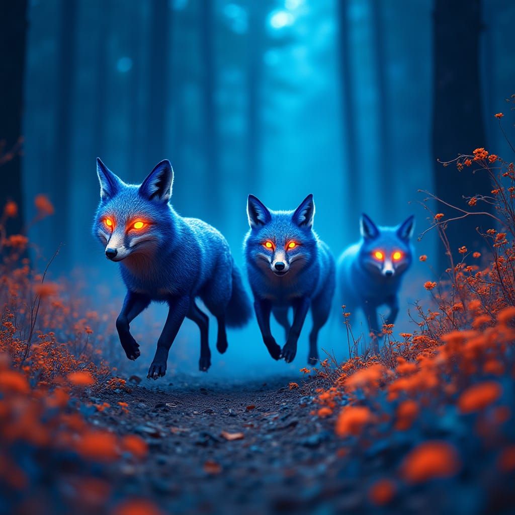 Neon Foxes in Blue Forest, Surreal Digital Art