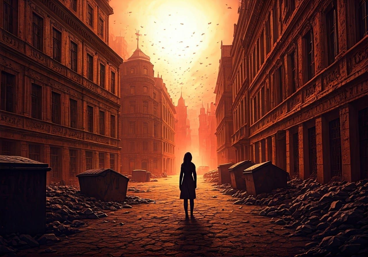 Hellish Baroque Cityscape with Woman, Dystopian Art