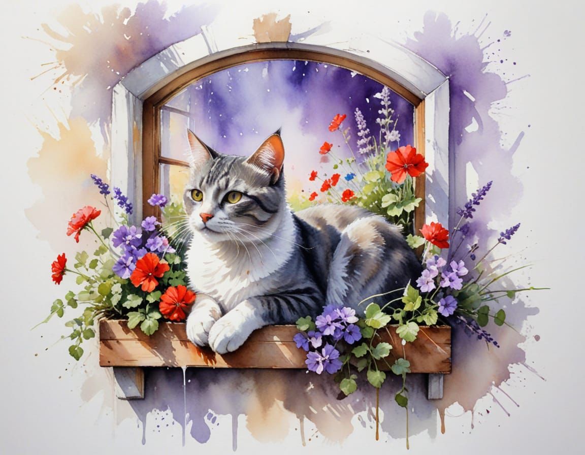 Peaceful Cat Napping in Flower-Filled Window Box