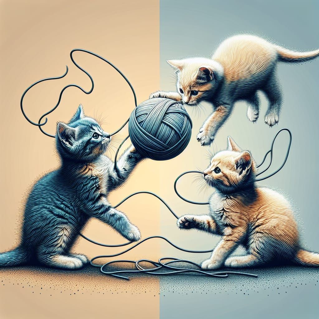 Kittens Play with Yarn in Hyperdetailed Splash Art