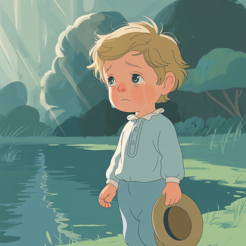 Sad Boy by Pond in Stylized Digital Art