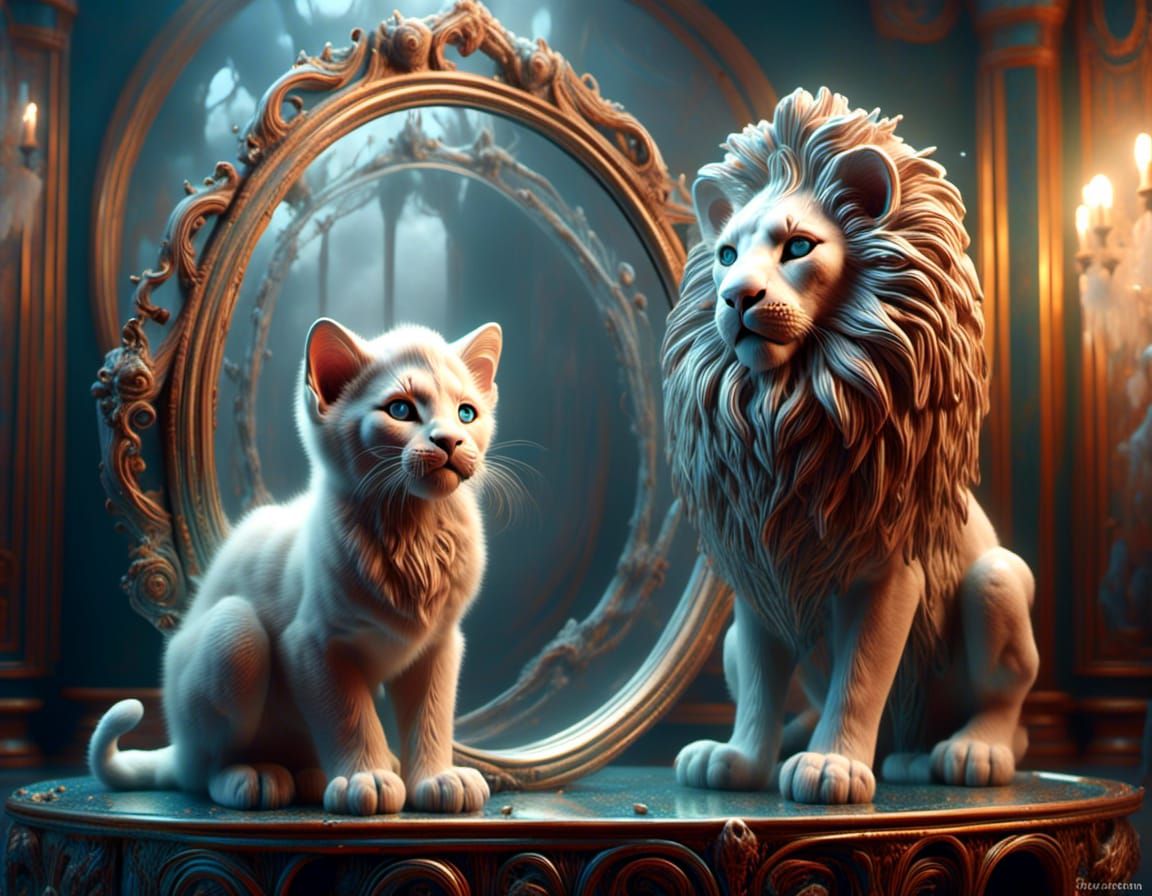 Kitten's Lion Reflection in Mystical Mirror