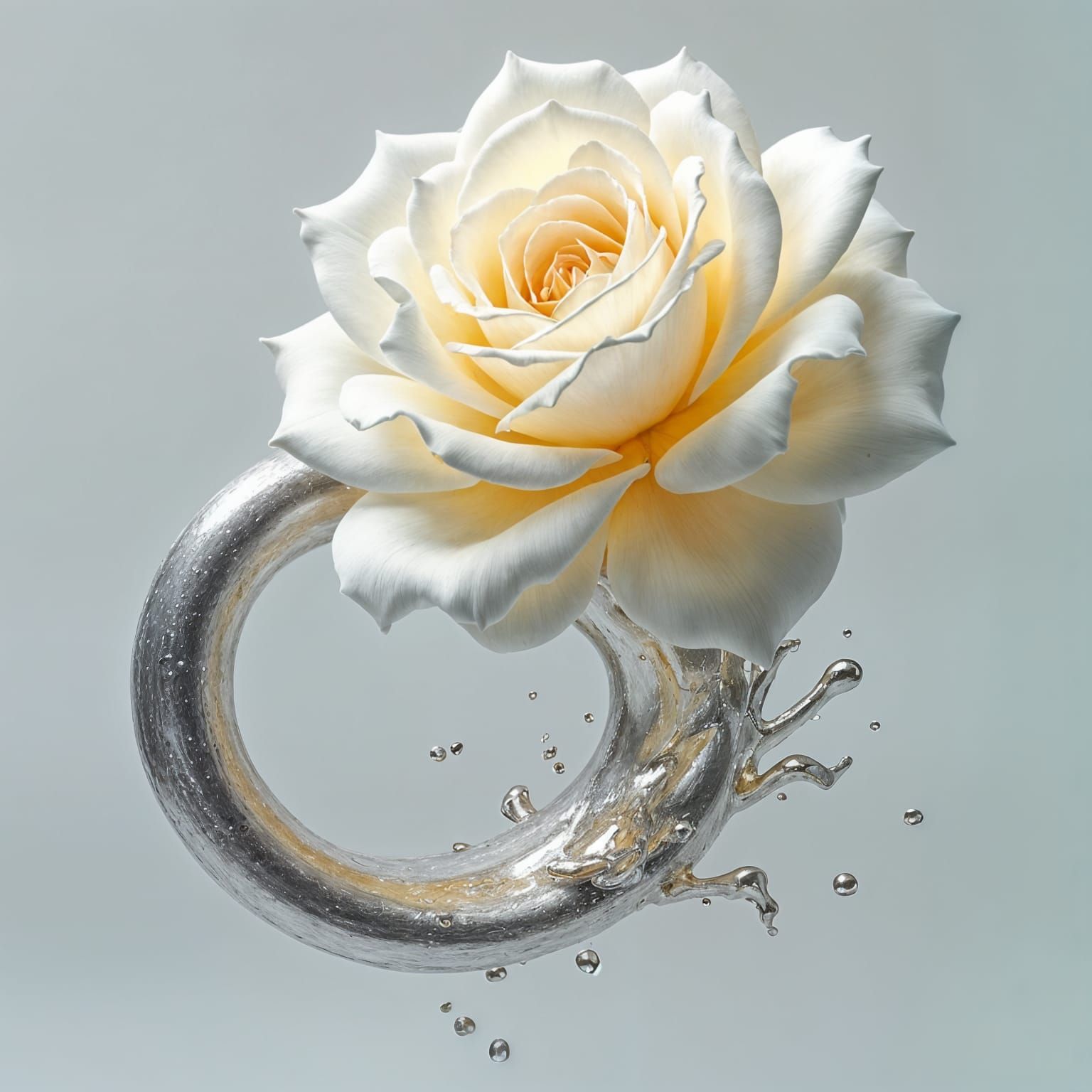 Abstract White Rose with Metallic Silver Splash