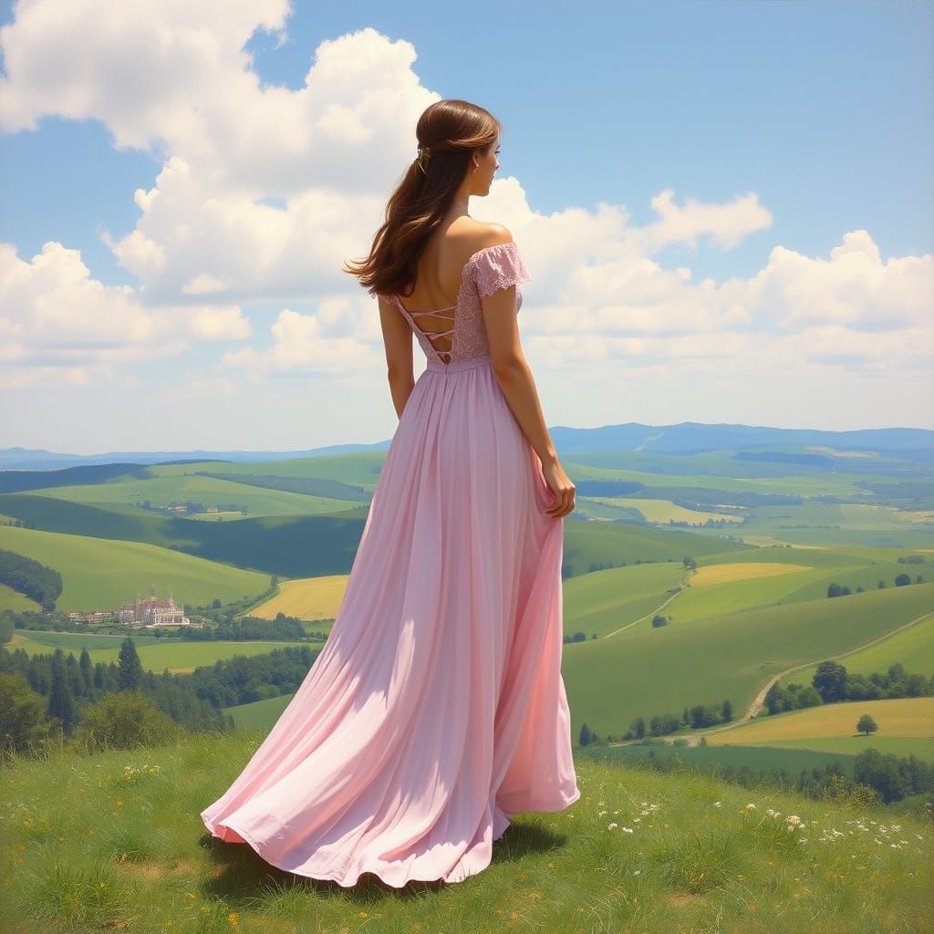 Woman in Pink Dress on Rolling Hills, Impressionist Style