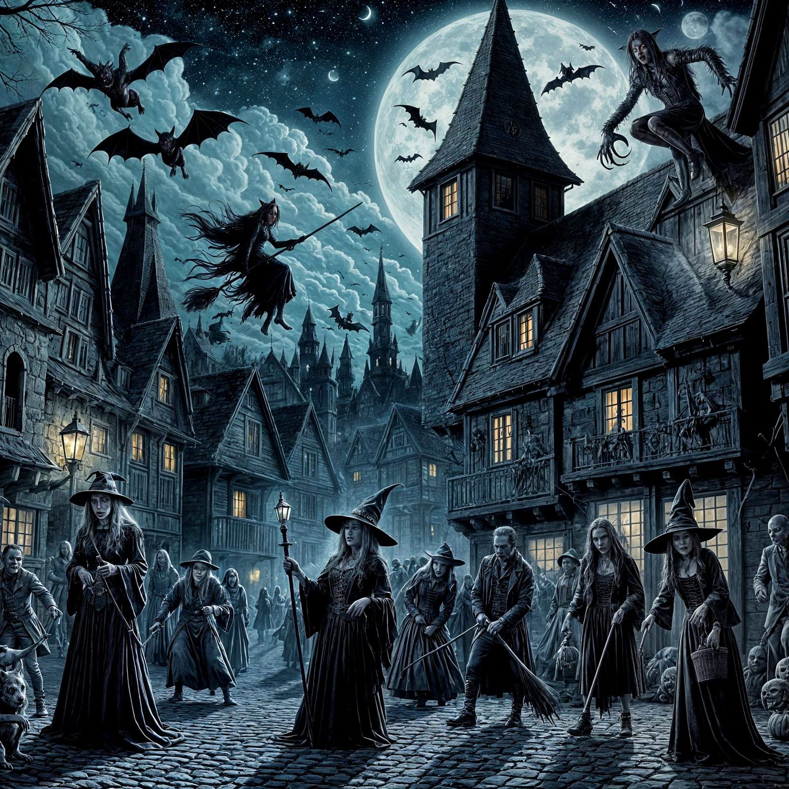 Medieval Horror Village Under Moonlight Stars